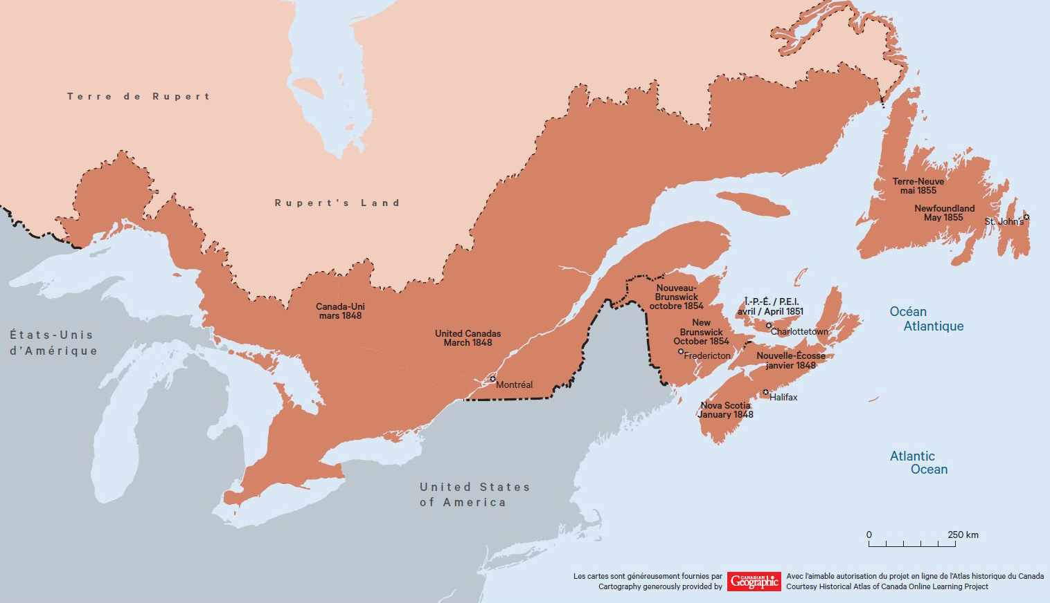 Une carte des provinces canadiennes mettant en évidence les monuments importants d'Ottawa, tels que le Musée canadien de l'histoire.