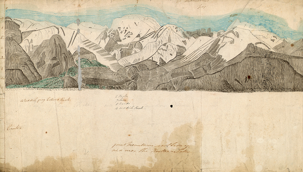 Un dessin d'une chaîne de montagnes avec des montagnes en arrière-plan, exposé au Musée canadien de l'histoire à Ottawa.