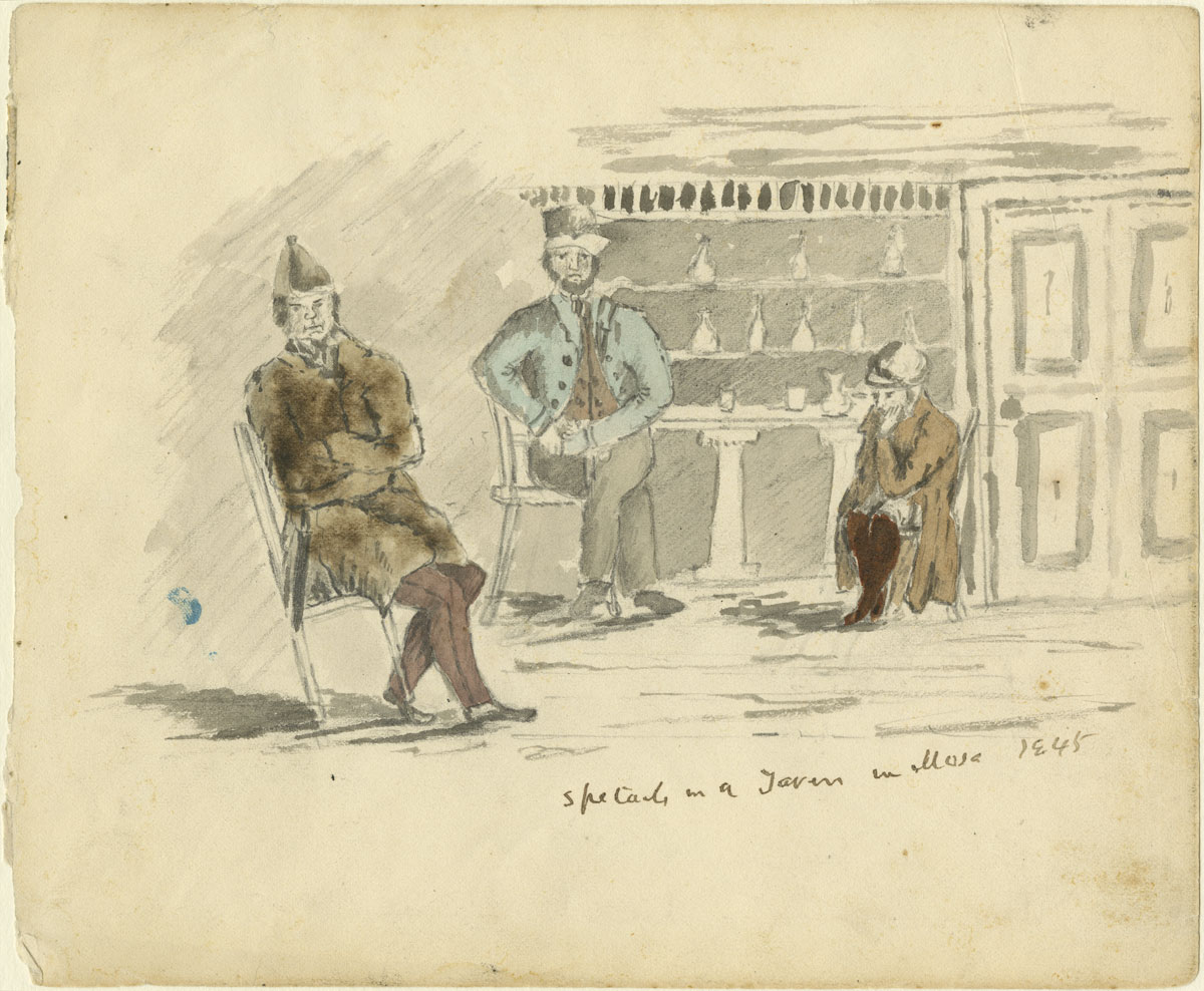 Description : Dessin de deux hommes assis dans une pièce du Musée canadien de l'histoire à Ottawa.