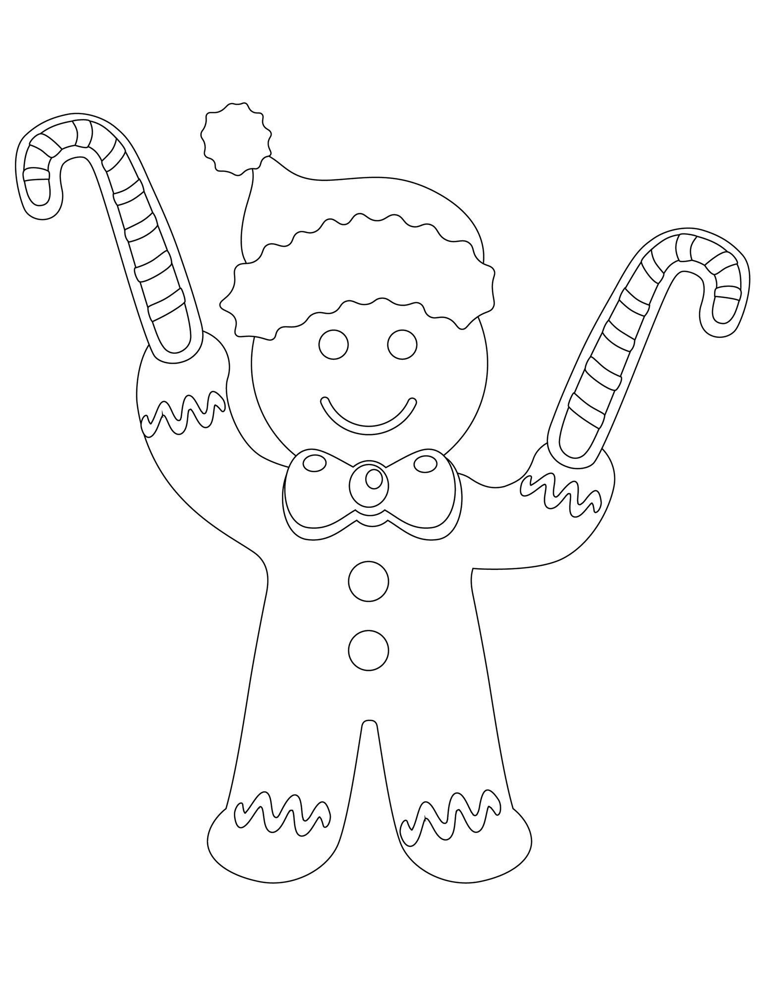 A gingerbread man coloring page featuring candy canes from the Canadian Museum of History in Ottawa.