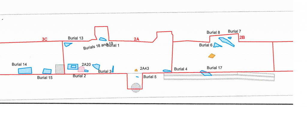 Plan de trois des chantiers de fouille du site de la rue Queen