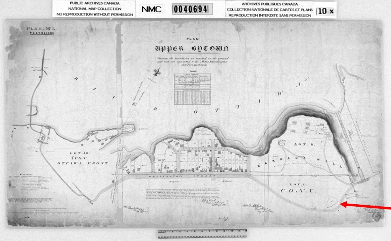 Map of early Upper Bytown with red arrow indicating the location of the cemetery.