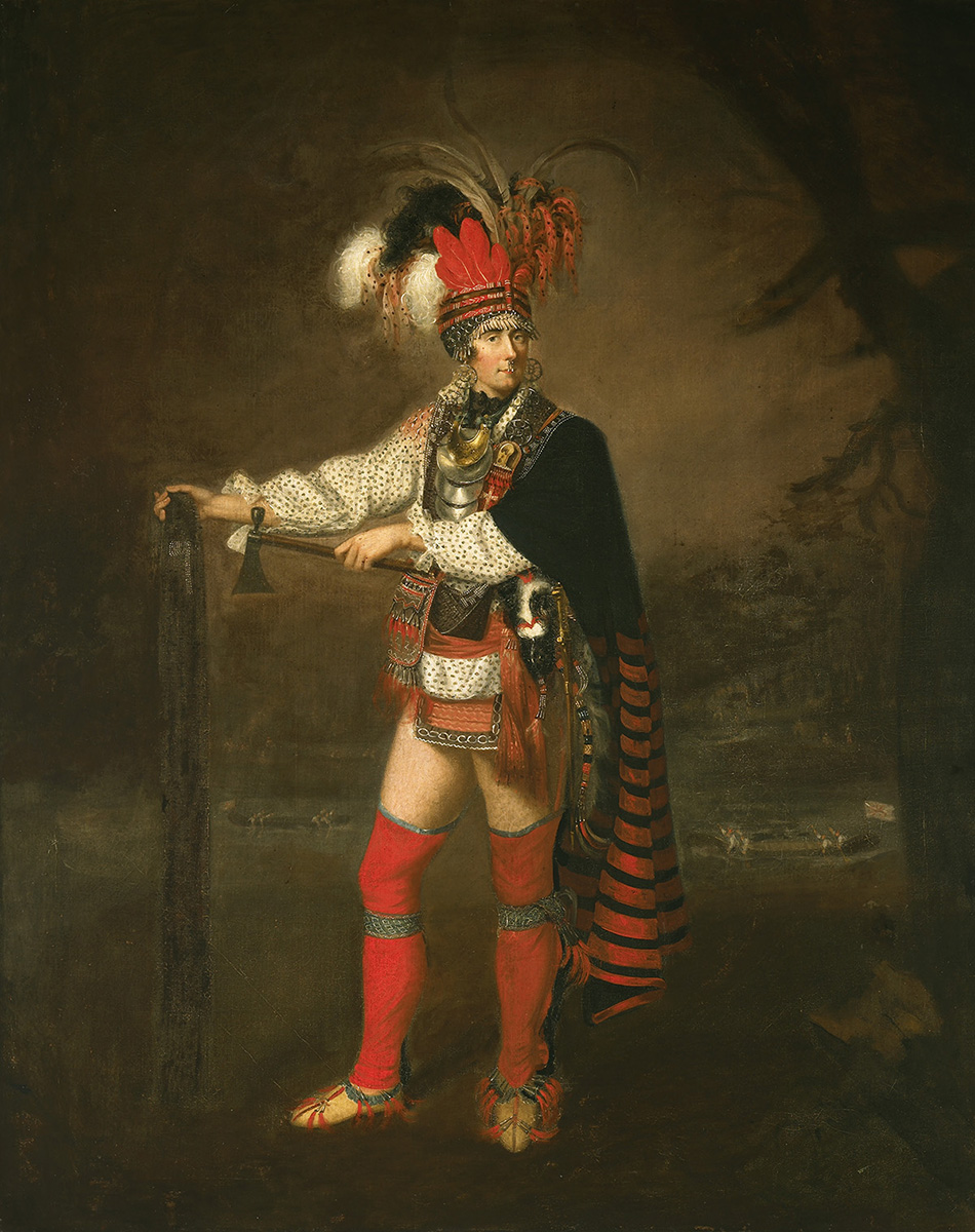 Une peinture représentant un homme en costume indien exposée au Musée canadien de l'histoire à Ottawa.