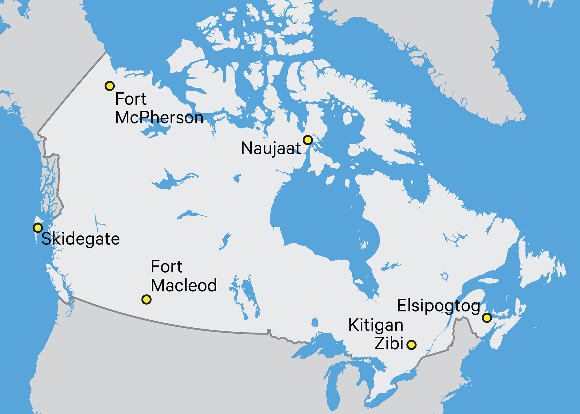 Une carte montrant l'emplacement des villes canadiennes, y compris Ottawa et le Musée canadien de l'histoire.