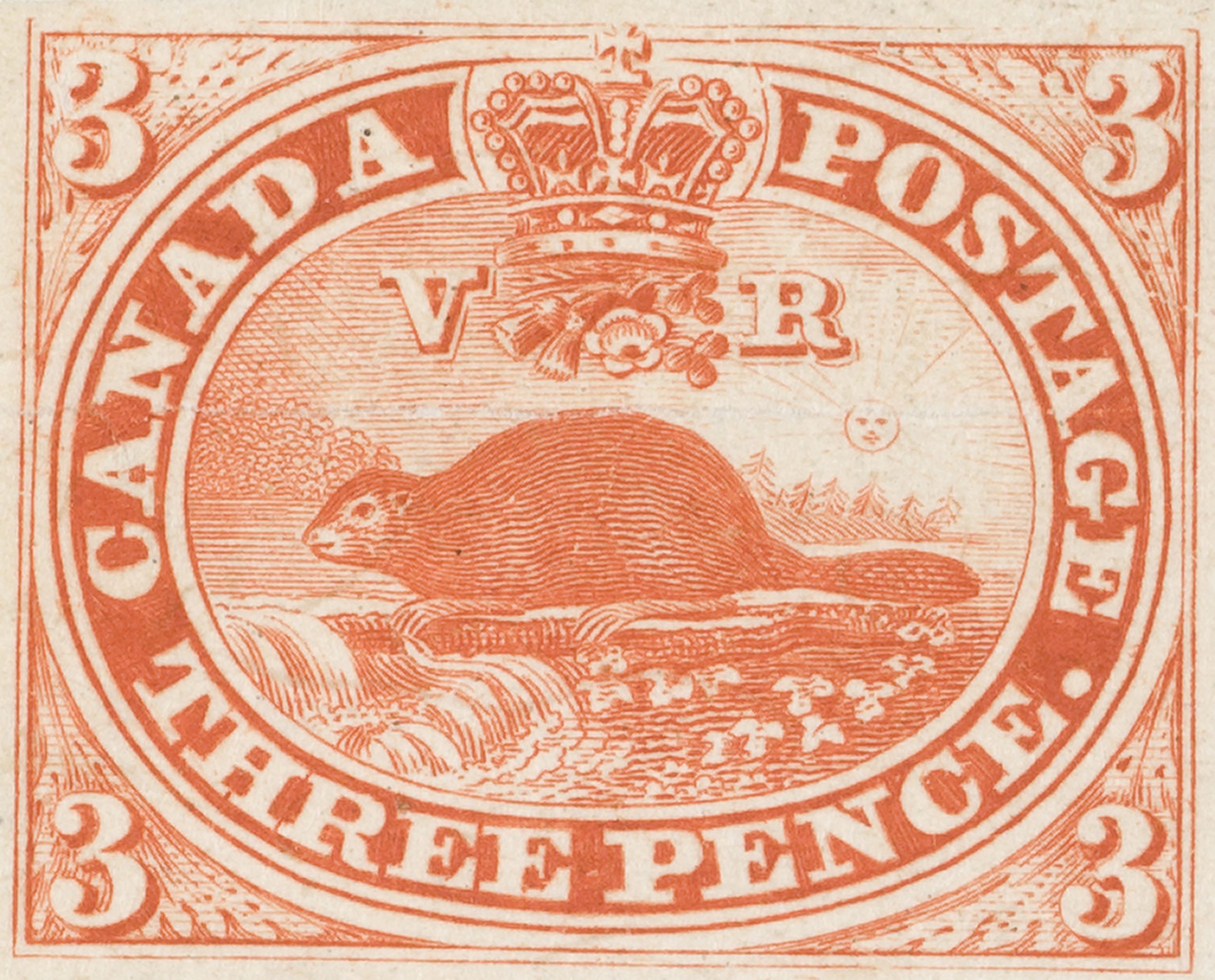 Canadian postal, three pence stamp with beaver