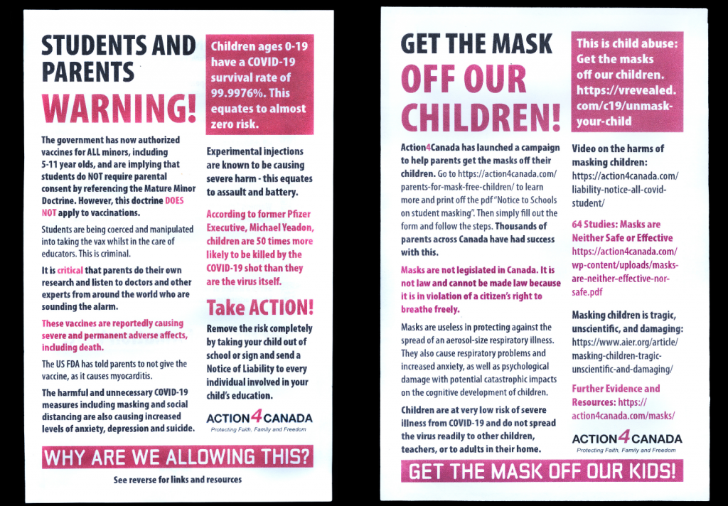 Action4Canada flyers handed to parents as they picked up their children from an Ajax, Ontario school in February 2022.