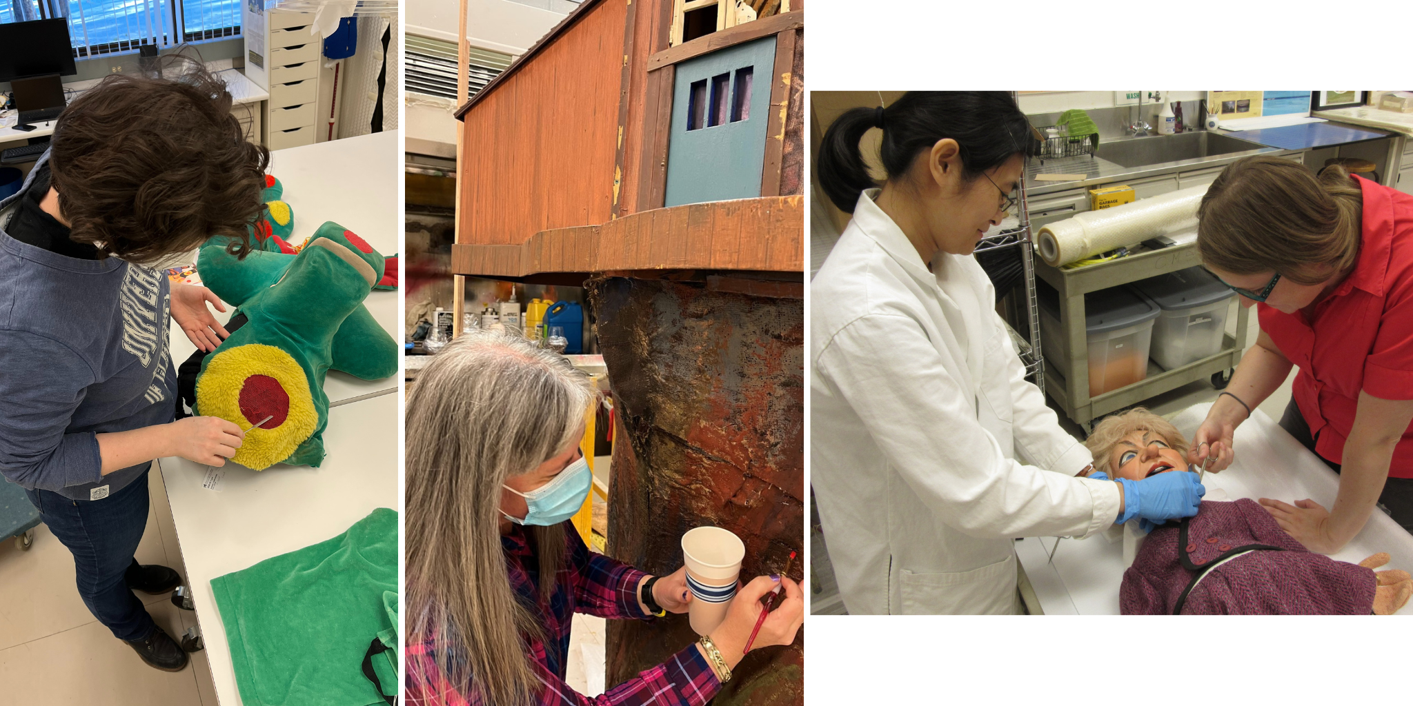 1) Museum textile conservator Brenna Cook examines a polyester net on Polkaroo’s head. 2) Jennifer Ann Mills applies a treatment to help preserve Mr. Dressup’s tree house. 3) Museum objects conservato